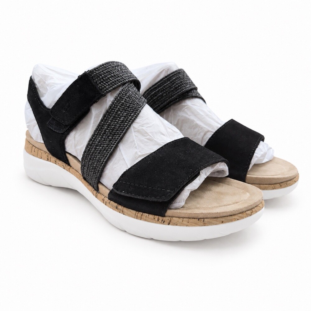 Earth Reston Women’s 9M Black Suede Raffia Comfort Platform Ankle Strap Sandals